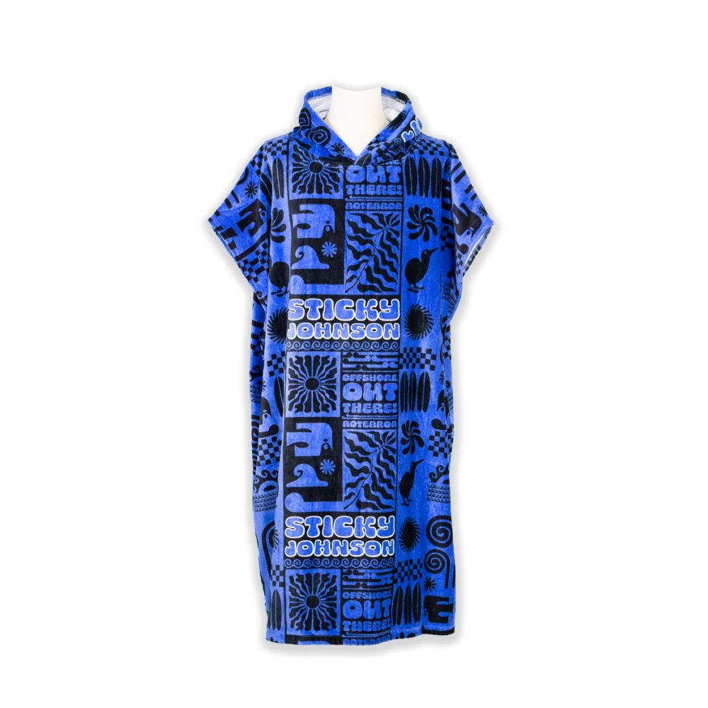 Sticky Johnson Hooded Towel Aotearoa Blue featuring a Kiwiana spirit